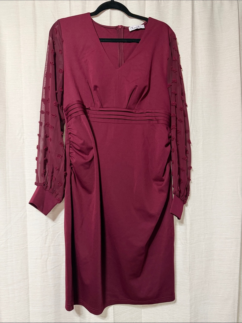 Elegant Burgundy V-Neck Midi Dress with Sheer Embroidered Sleeves maternity